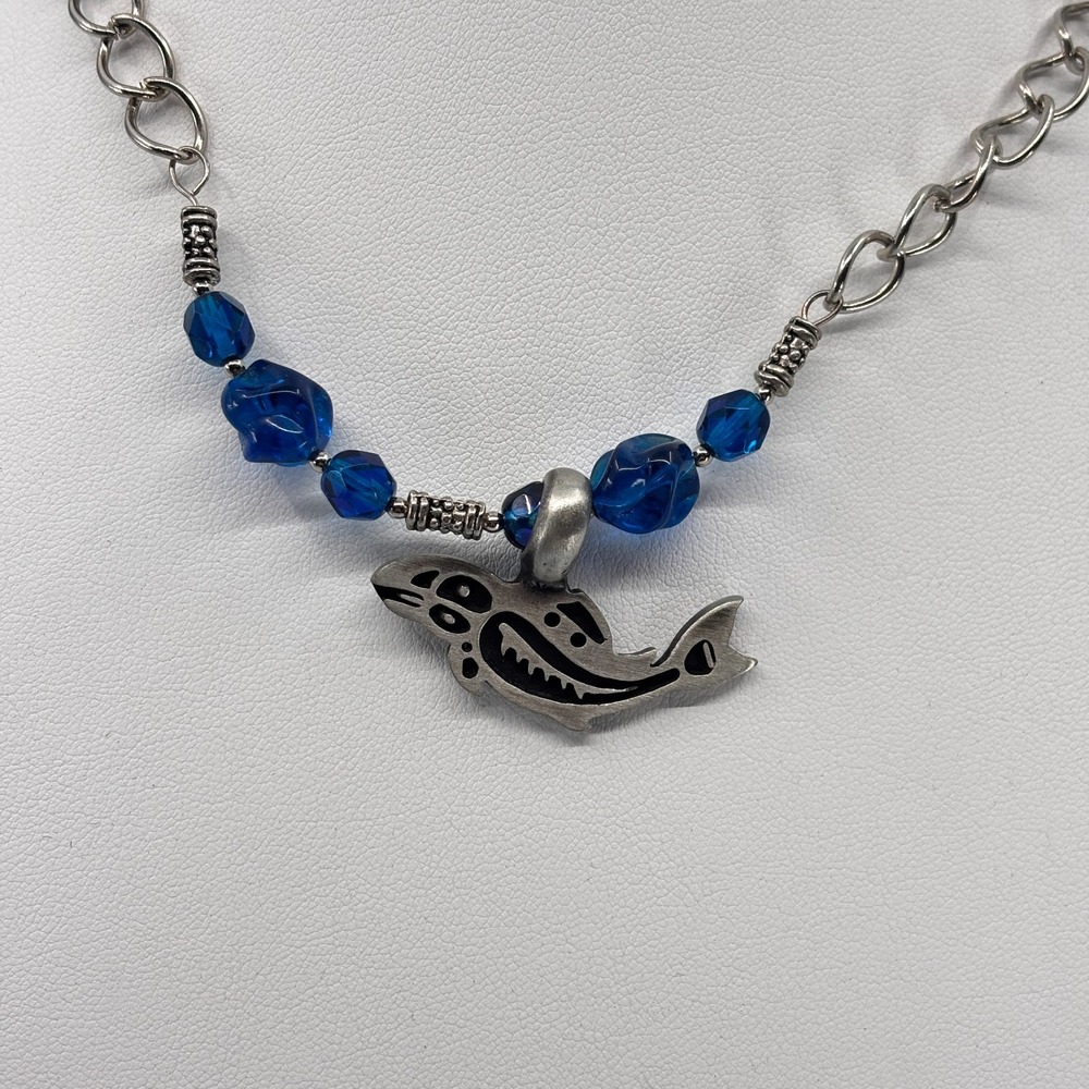 Blue Bead Shark Pendant Necklace Silver Tone Chain Tribal Boho Ocean Statement